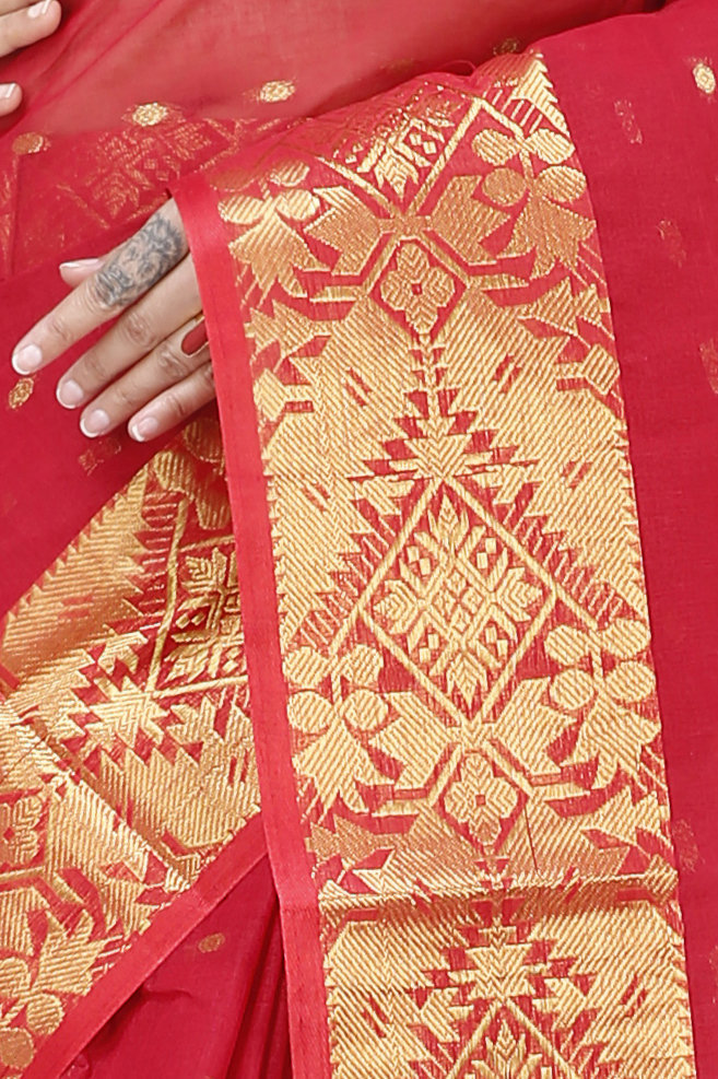 Red Pure Cotton Gopa Tant Saree (927)